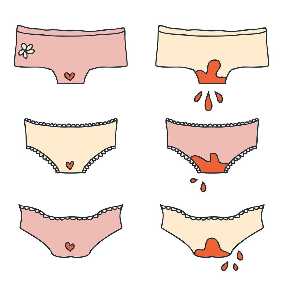 Women period doodle set of panties, underwear different types. Menstrual period underclothing collection. Hand drawn illustration. vector