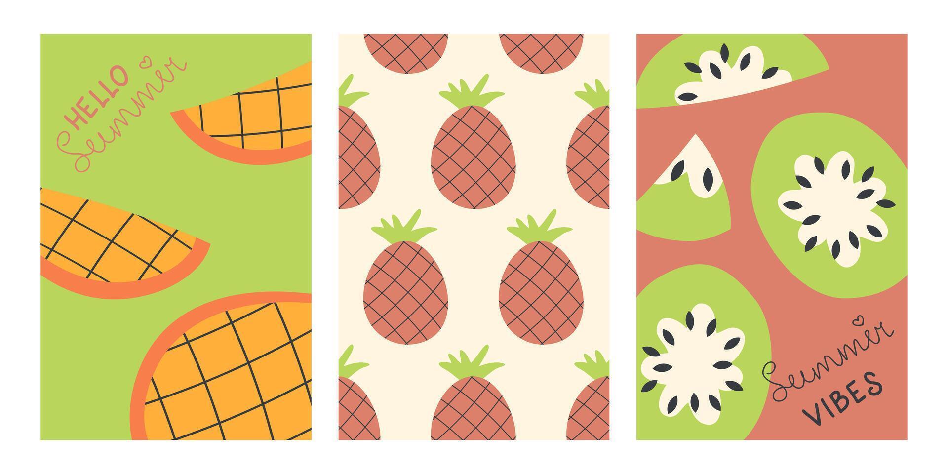 Minimalist style vertical posters set with tropical fruits. Perfect template for banner, cover, background, card, sale. Hand drawn illustration. vector