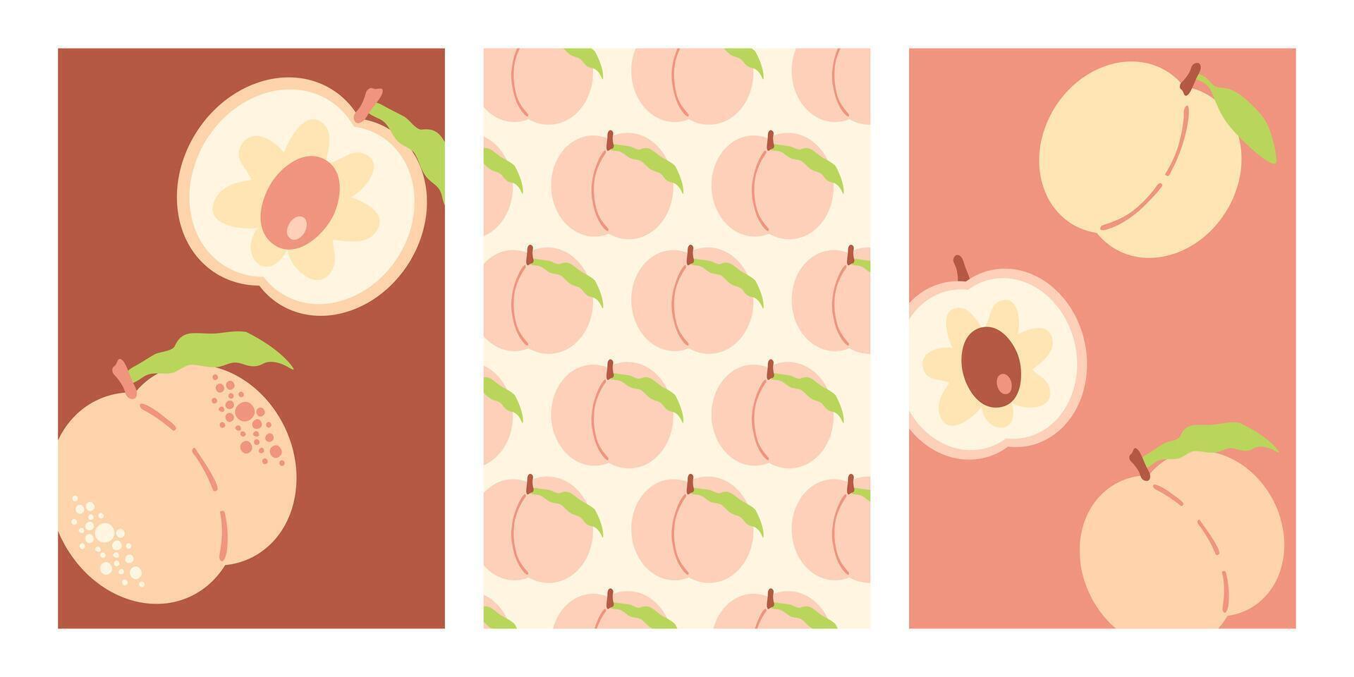 Summer vertical posters set with peaches in retro style. Perfect background template for banner, card, label, sale. Hand drawn illustration. vector