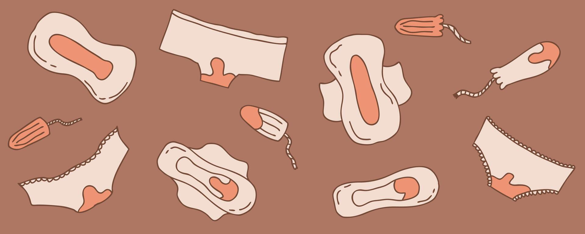 Female hygiene products background in trendy mocha mousse colors. Menstruation period supplies concept. Doodle illustration. vector