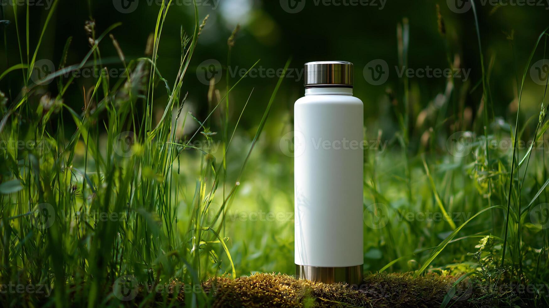 Sleek White Stainless Thermo Bottle in Natural Green Grass Environment photo
