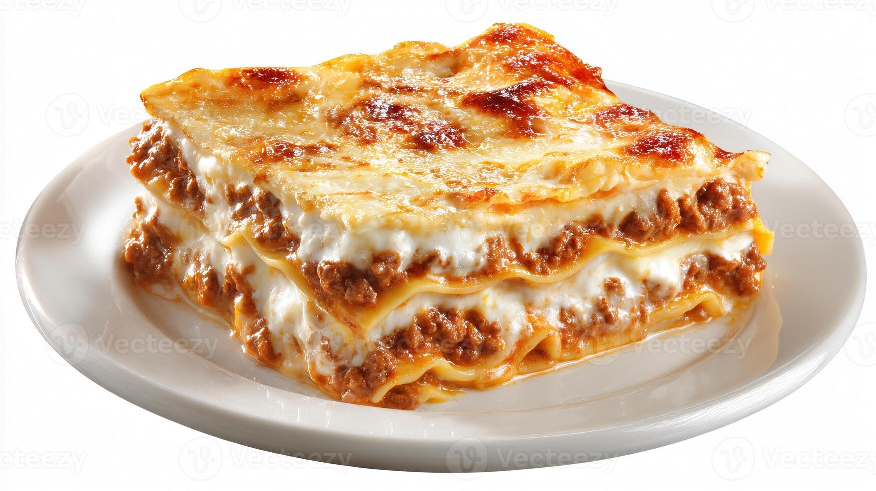 Delicious Beef Lasagna on White Plate Isolated on Background for Food Lovers photo