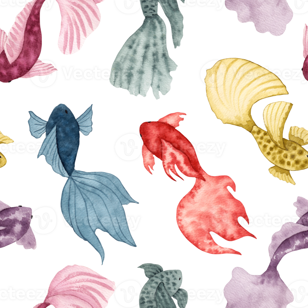 Seamless pattern with colorful fish. Watercolor illustration. Simple, stylized style of sea animals. Hand drawn isolated background. Underwater world of sea fauna for textiles, paper. Ocean and sea png