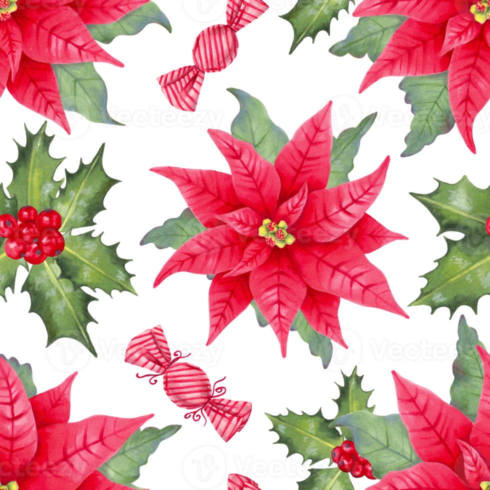 Poinsettia flower with caramel candies, holly berries and leaves. Seamless hand drawn pattern isolated from background. Watercolor, marker illustration. Wallpaper for Christmas and New Year holidays png