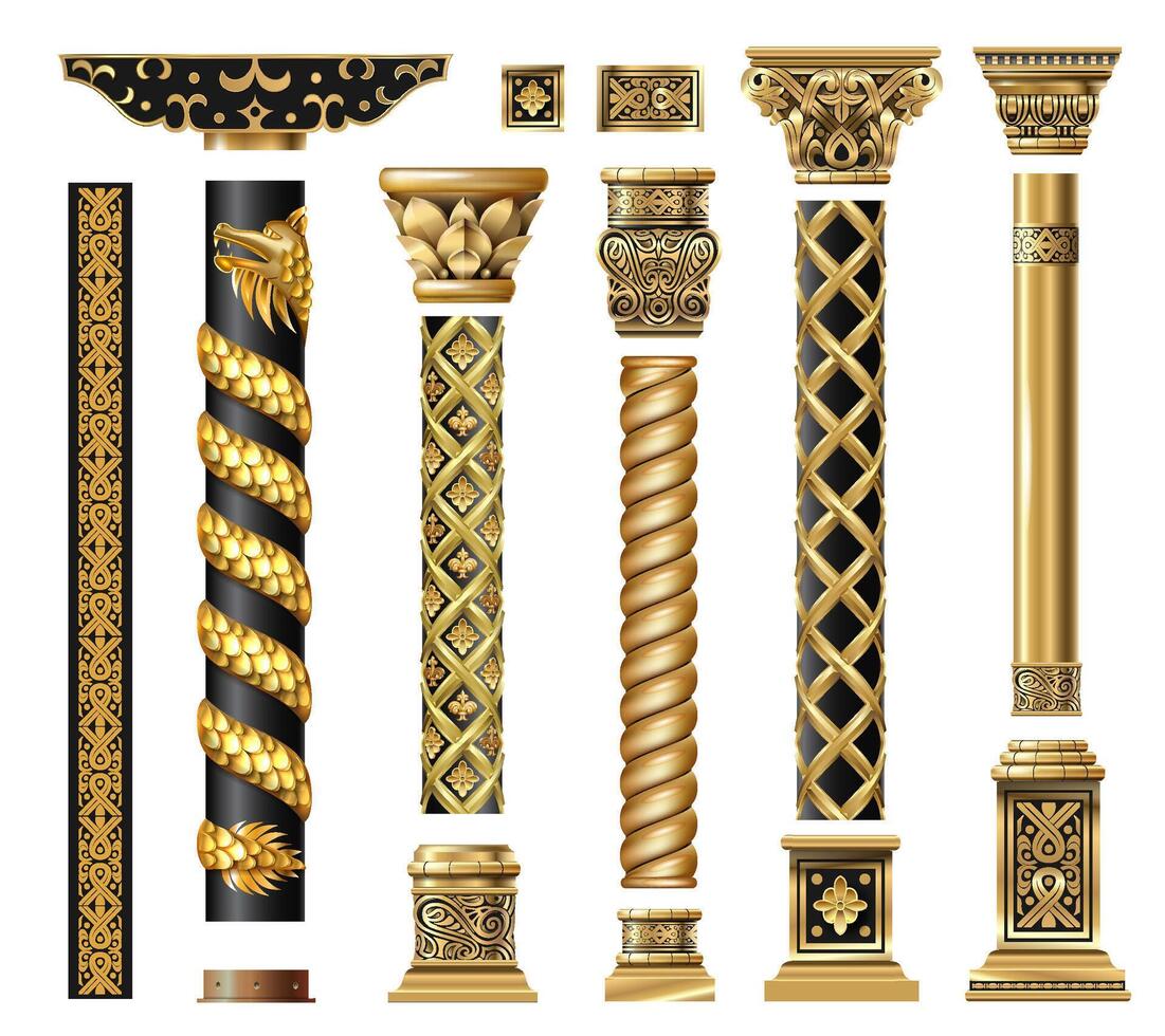 Set of golden oriental columns vector