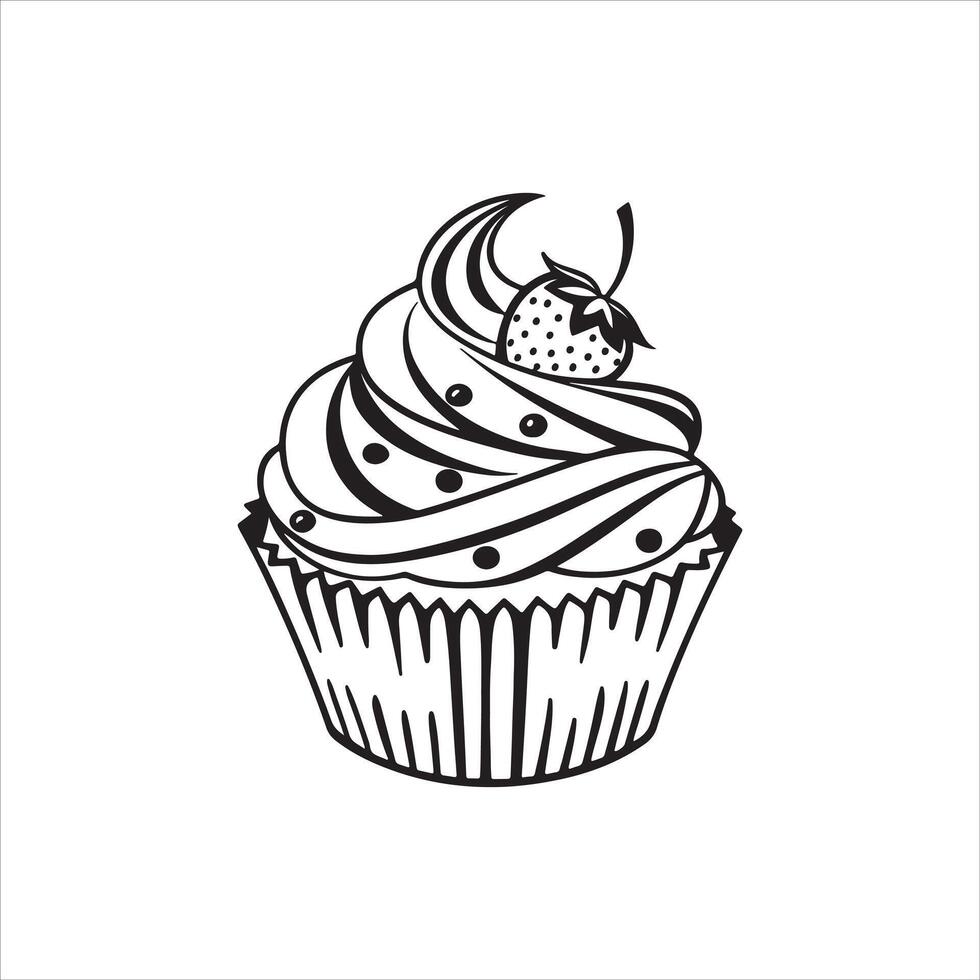 Cupcake Silhouette Clip Art , Black Frosted Cupcake Outline on White Background vector