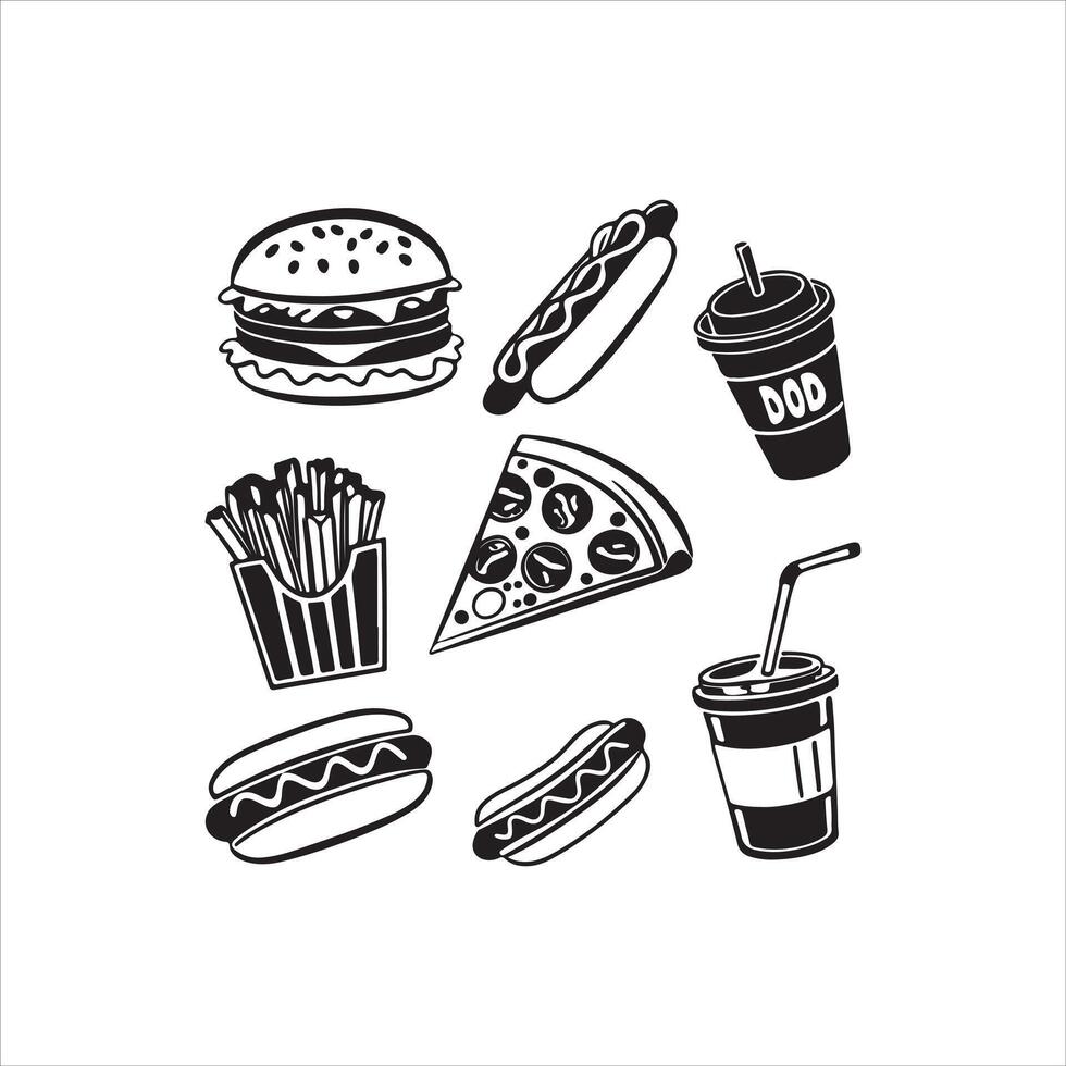Fast Food Silhouette Clipart Set, Black Doodle Foods vector