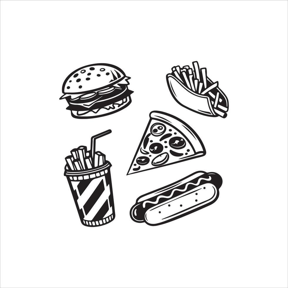 Fast Food Silhouette Clipart Set, Black Doodle Food Icons design vector