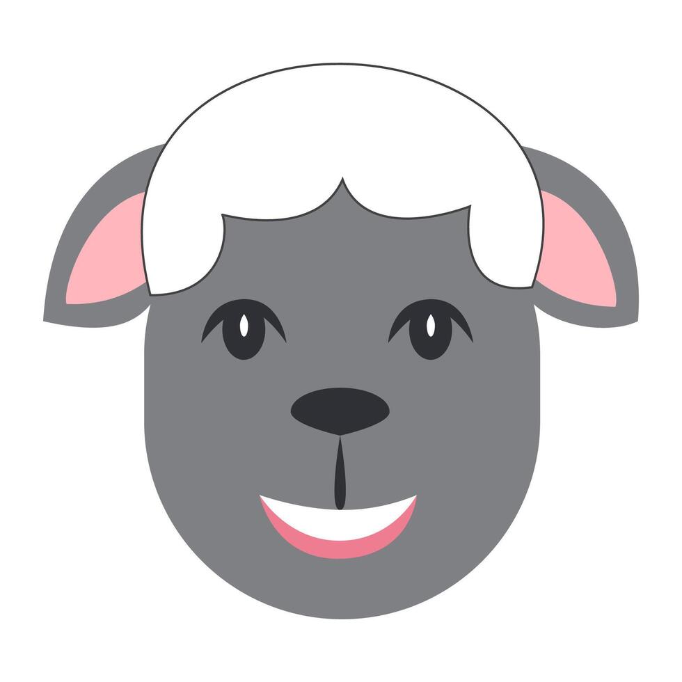 Cartoon sheep head with white top and gray smiling face. vector