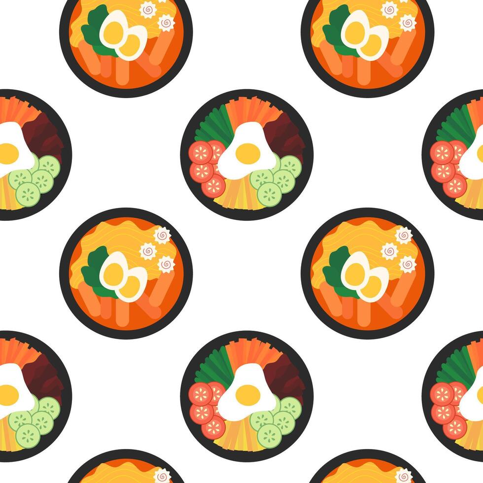 Seamless Pattern, Korean food. Bibimbap, ramen. Asian cuisine. flat illustration. vector