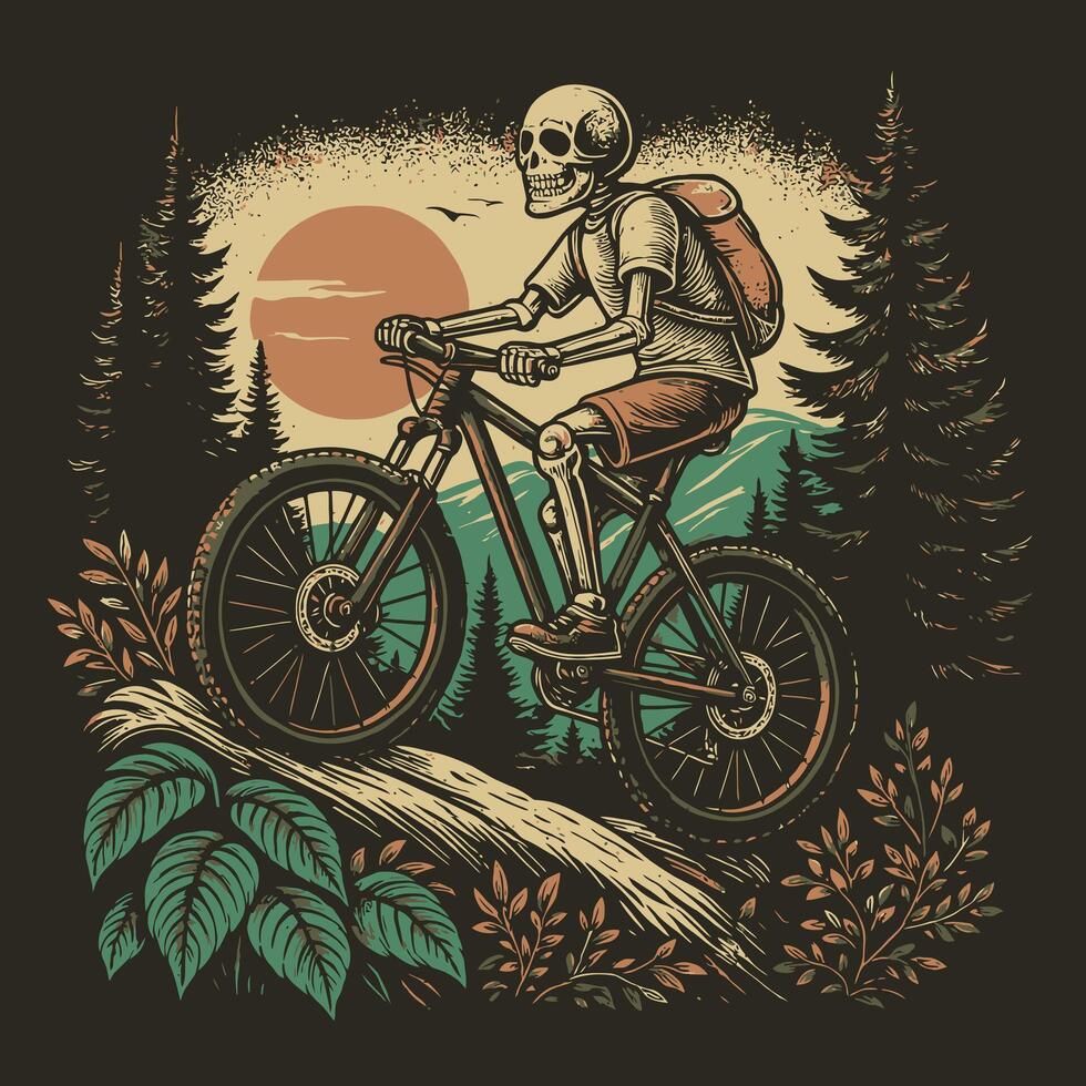 Skeleton Riding Mountain Bike Through Forest Scenic Illustration Art vector