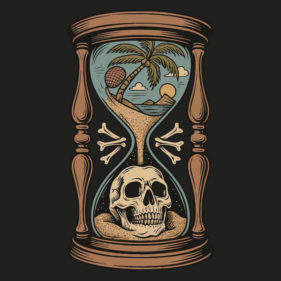 Hourglass Displaying Tropical Island Landscape and Skull Illustration Artwork vector