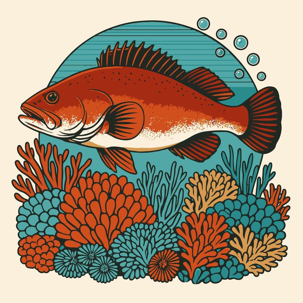 Red Fish Swimming Above Coral Reef with Bubbles Illustration vector
