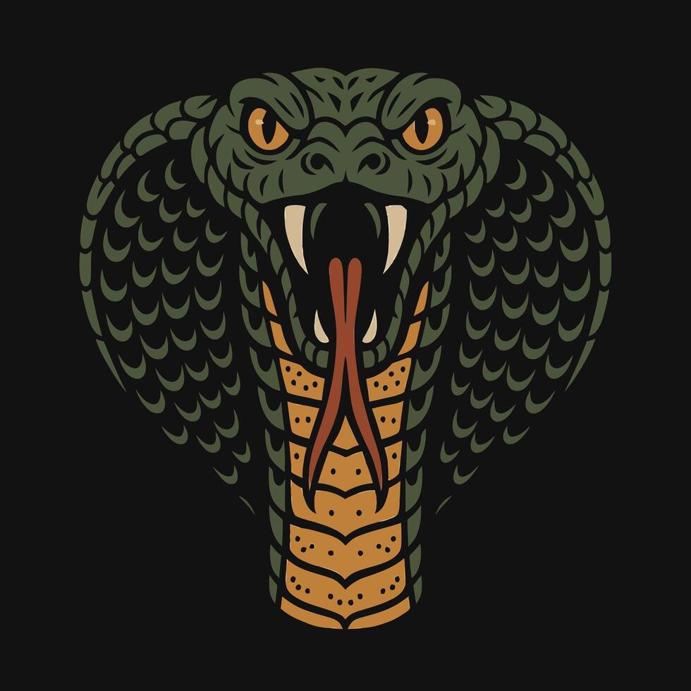 Stylized Cobra Illustration with Hood Displayed Threateningly on Black Background vector