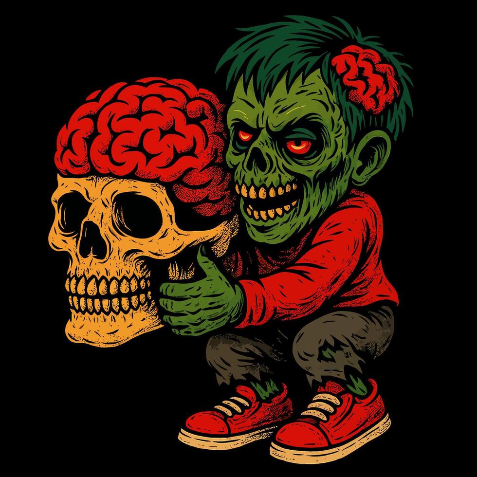 Holding Skull and Brain Cartoon Image of a Zombie Character vector