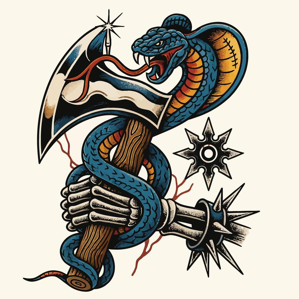 Cobra Snake Wrapping Around an Axe Tattoo Illustration with Shuriken vector