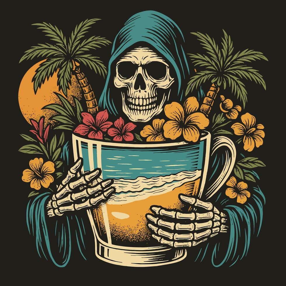 Holding Beach in a Cup by Skeleton with Flowers and Palm Trees vector