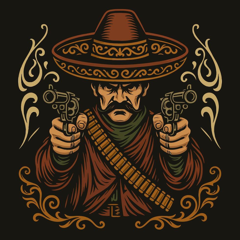 Pointing Guns Vigilante in Sombrero with Cartridge Belt Illustration vector