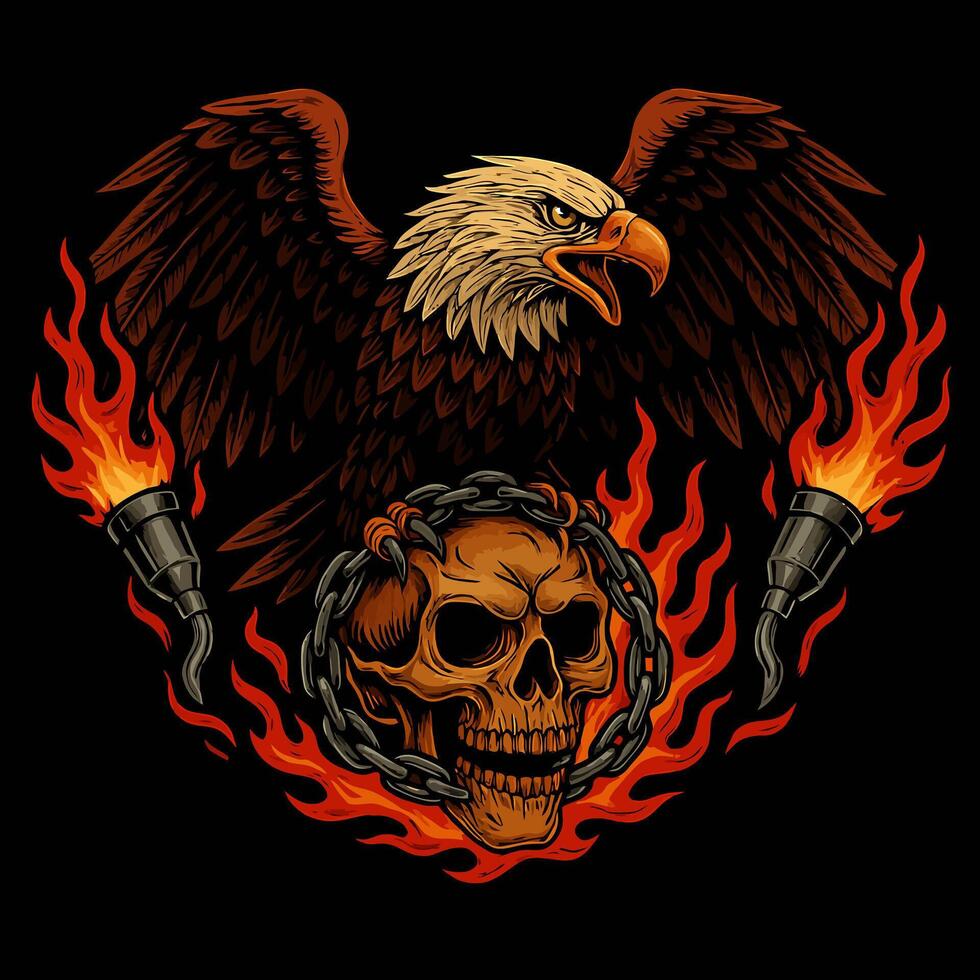 Eagle Skull and Flames Illustration with Chains and Torch Lights vector