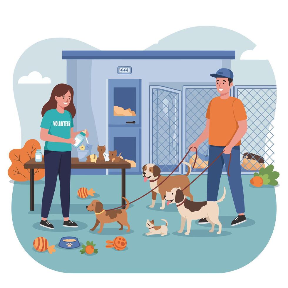 Volunteers Caring for Shelter Animals Feeding Kittens and Walking Dogs vector