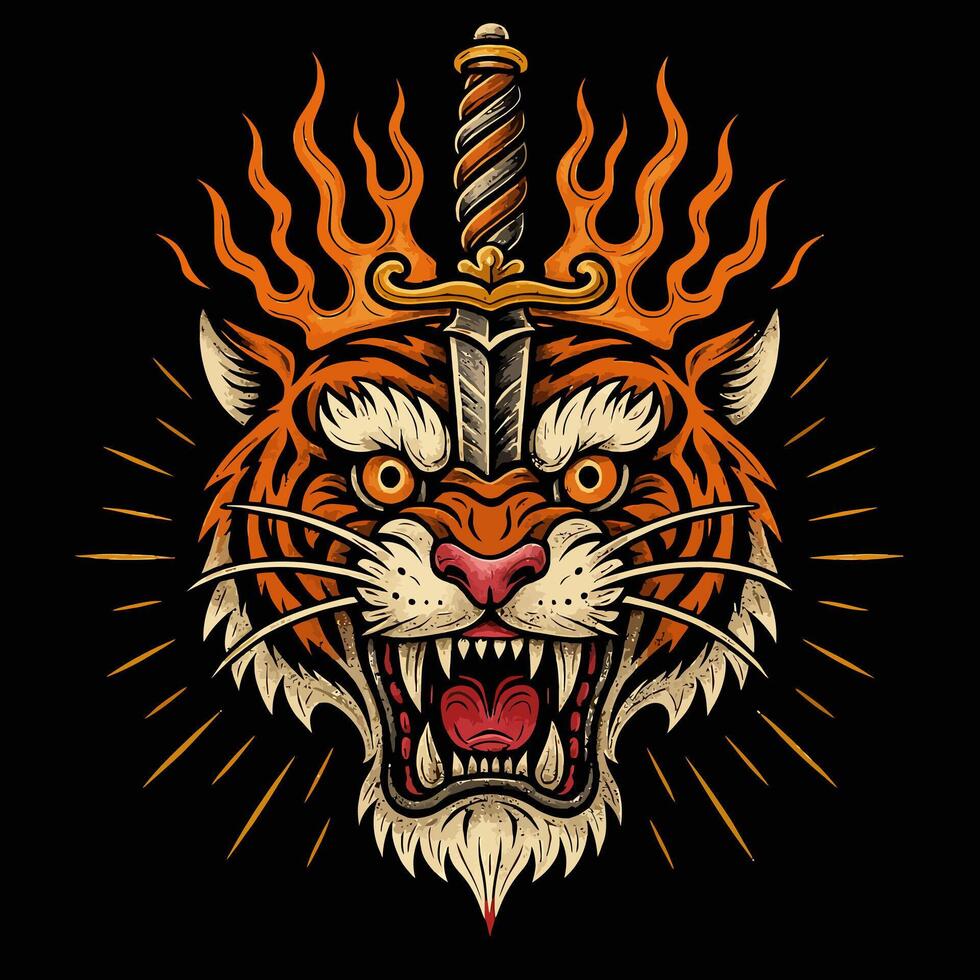 Tiger Face with Sword Through Head and Flames Illustration Art vector