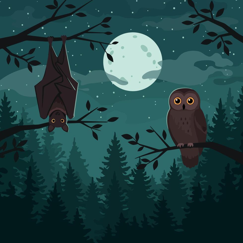 Bat Hanging and Owl Sitting in Tree at Night with Moon vector