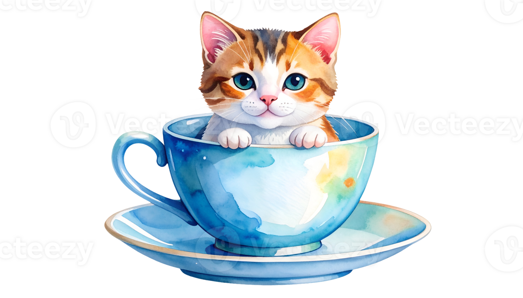 adorable watercolor kitten sitting in a blue teacup, cute cat in a cup illustration on transparent background png