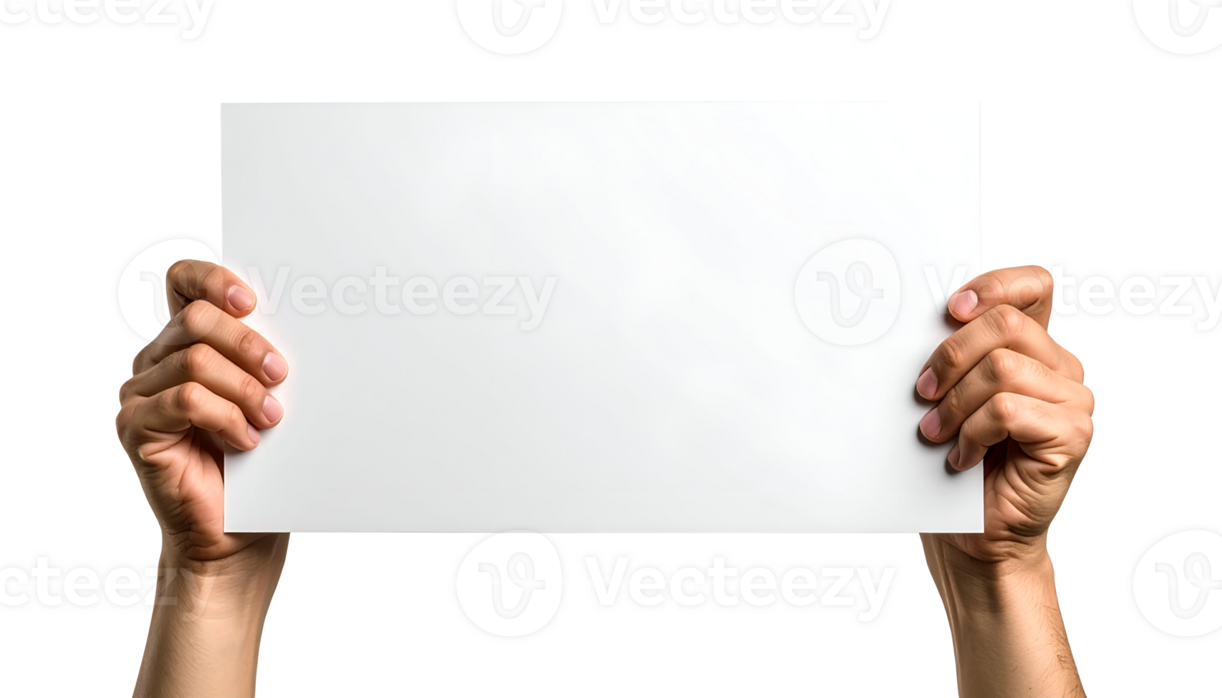 realistic two human hands holding horizontal blank white sign or poster for message, protest, or advertisement concept on isolated background png