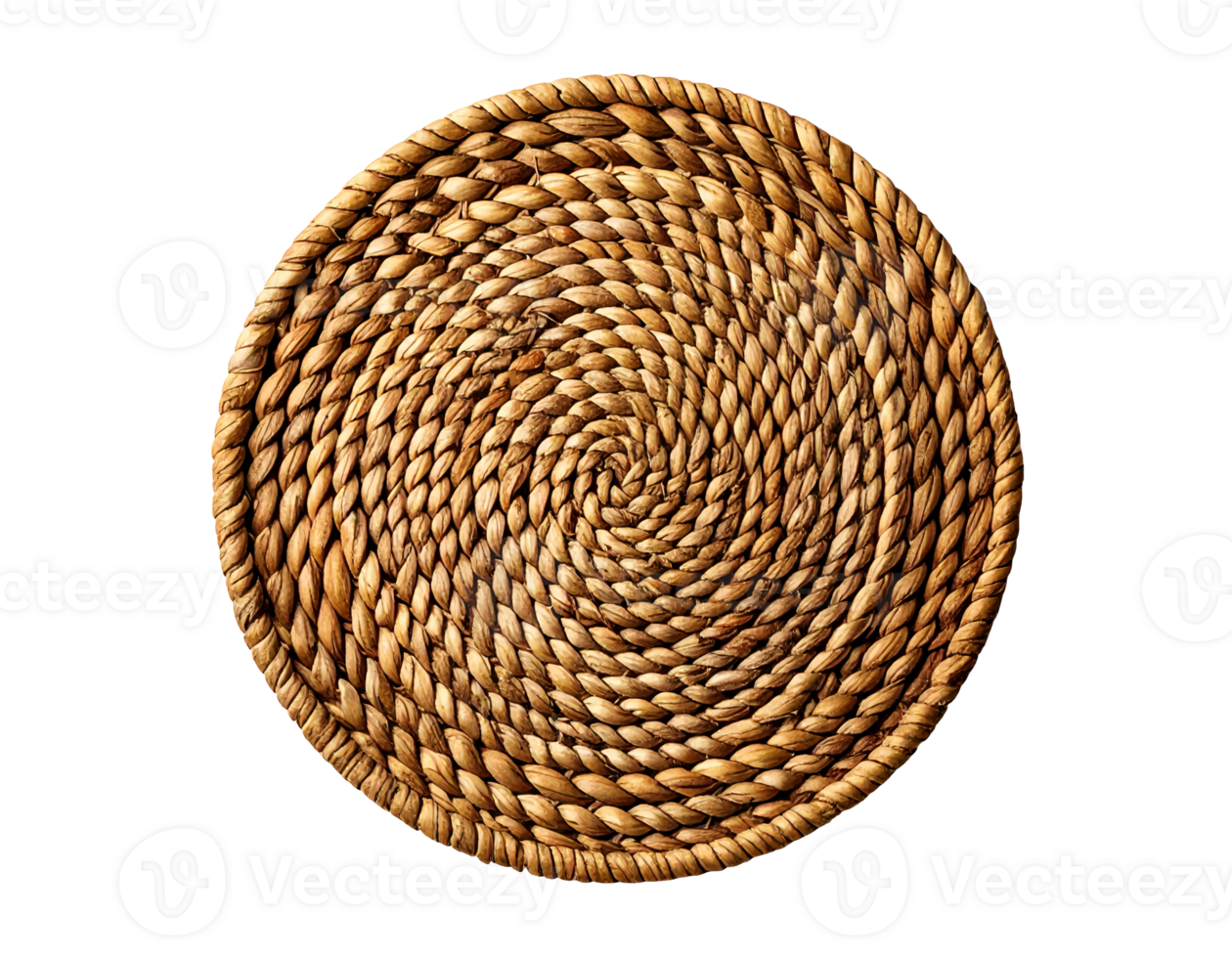 top view of round woven rattan placemat isolated on transparent background, realistic natural braided straw table mat mockup for food styling or product presentation png