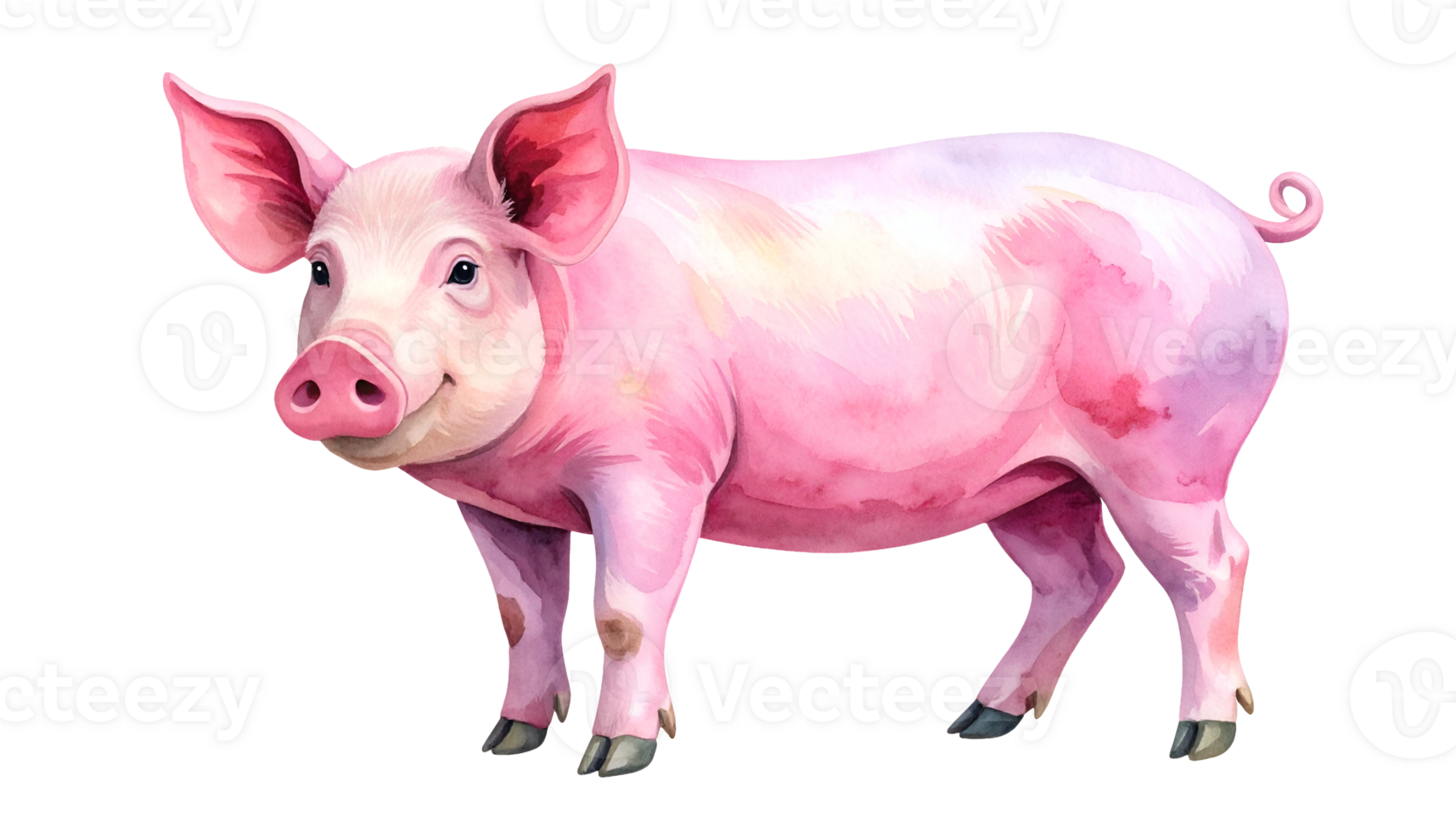 watercolor illustration of cute pink pig standing with smiling expression and curly tail on isolated background png