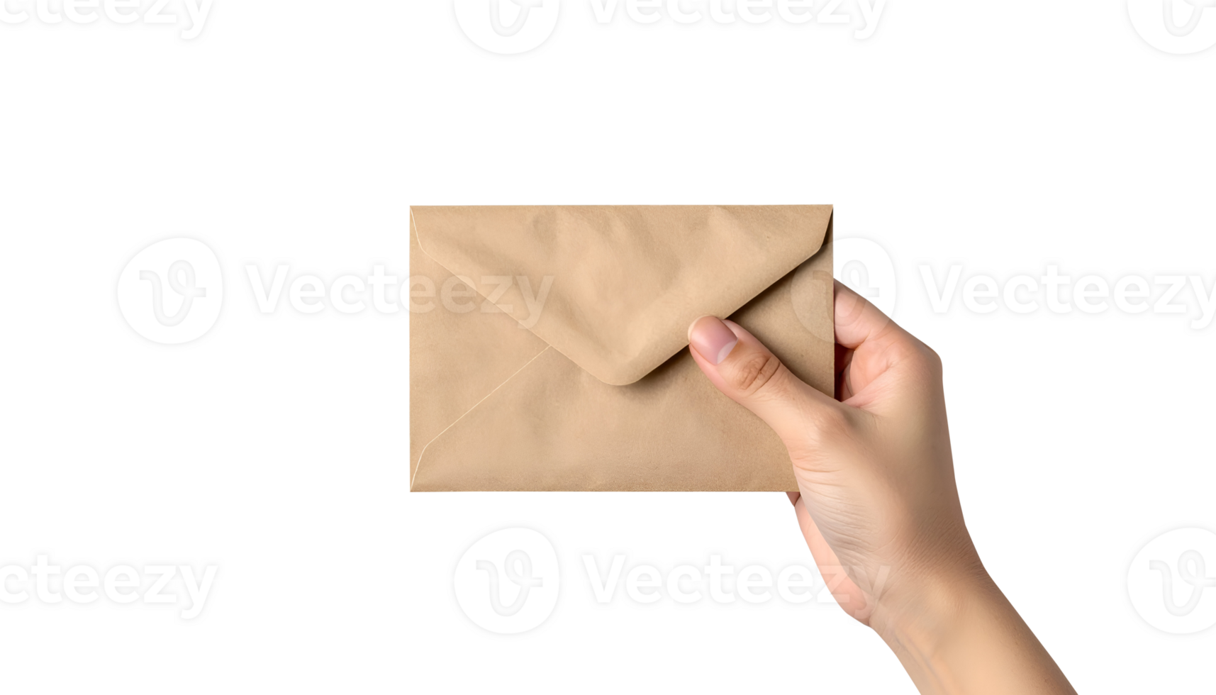 realistic female hand holding brown kraft envelope for mailing, message or document delivery, communication or business correspondence concept on isolated background png