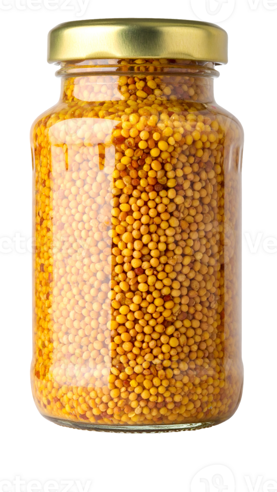 realistic close up of mustard seeds in glass jar with golden metal lid on isolated background png