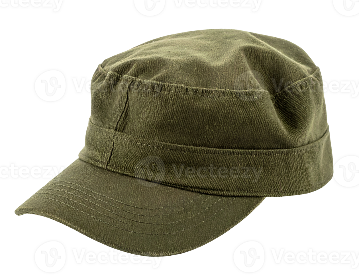 realistic olive green military cap isolated on transparent background, army patrol field cap mockup in angled view, tactical combat hat for uniform or outdoor gear branding png