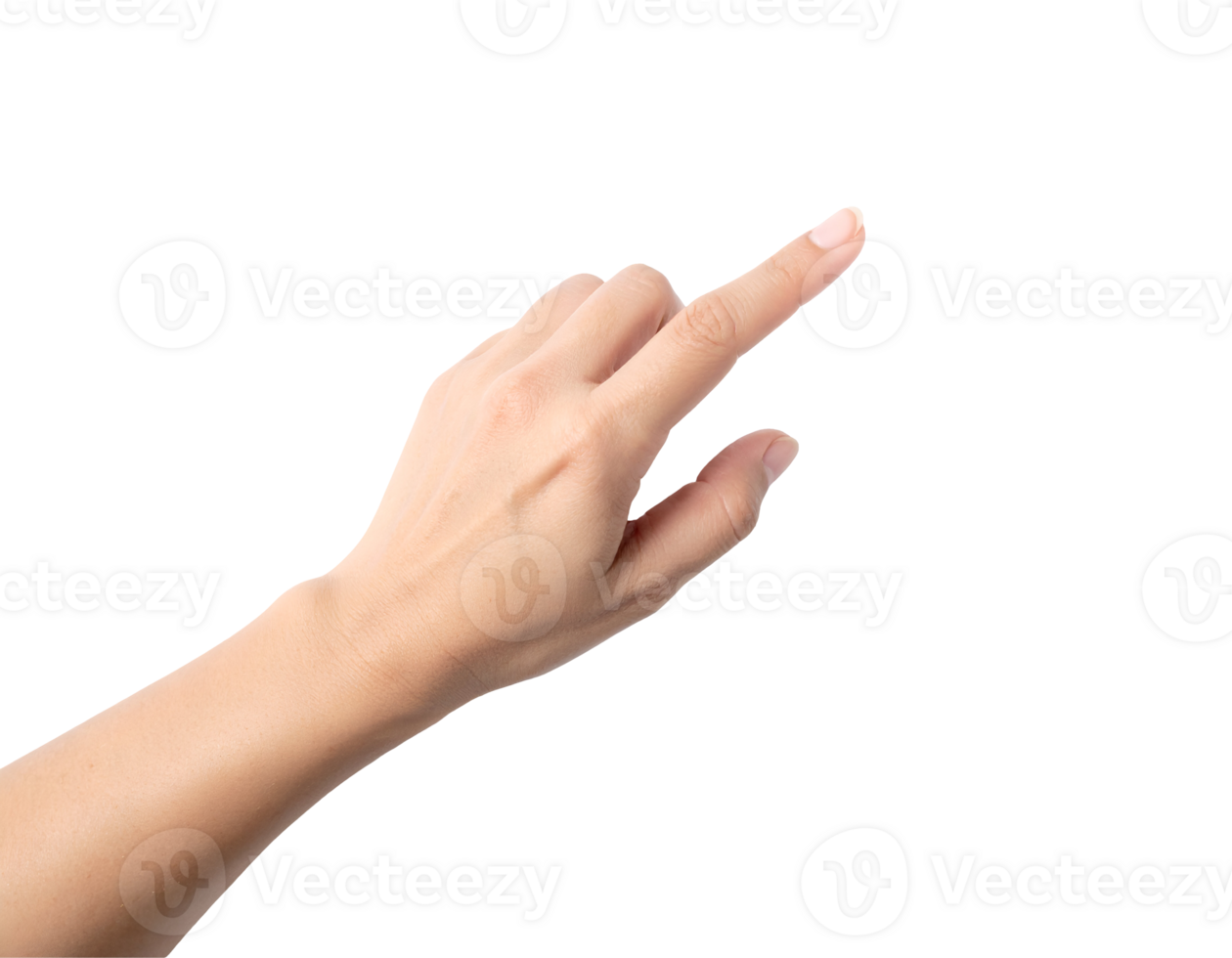 realistic female hand pointing or pressing with index finger in touchscreen or button pressing gesture, modern digital interaction pose on isolated background png