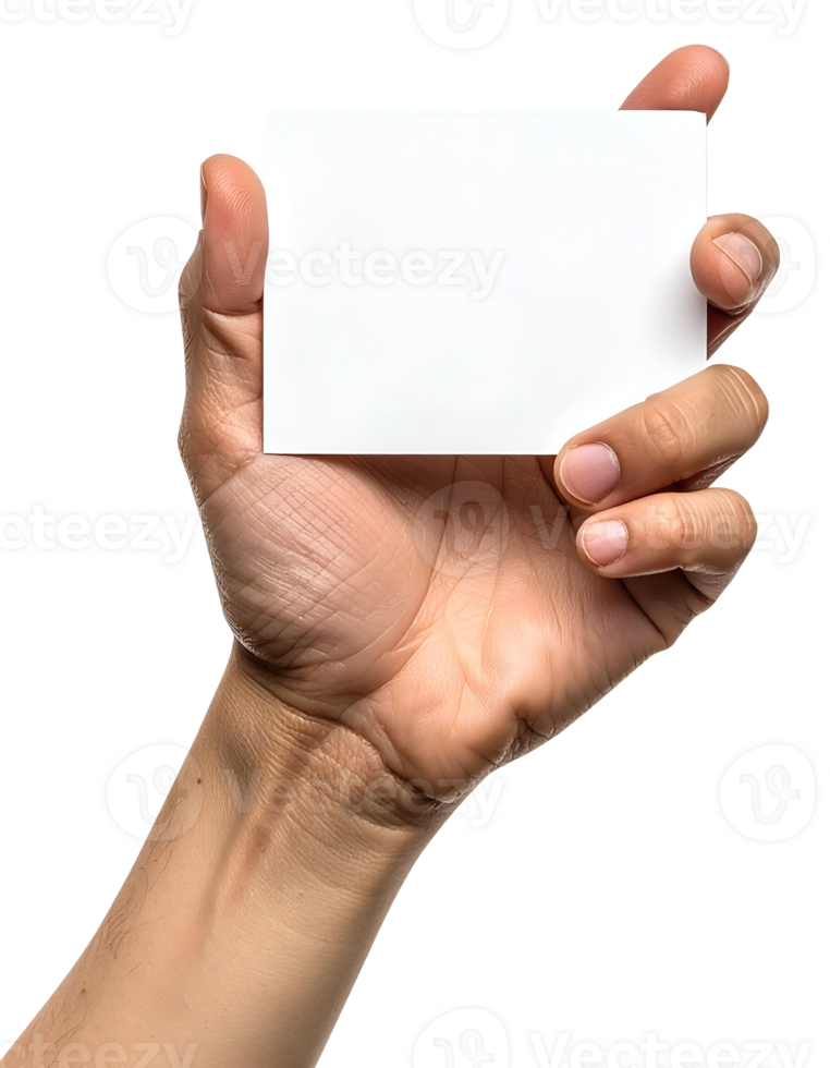 realistic hand holding blank white card or signboard for text message, label, or promotional design, clean presentation concept on isolated background png