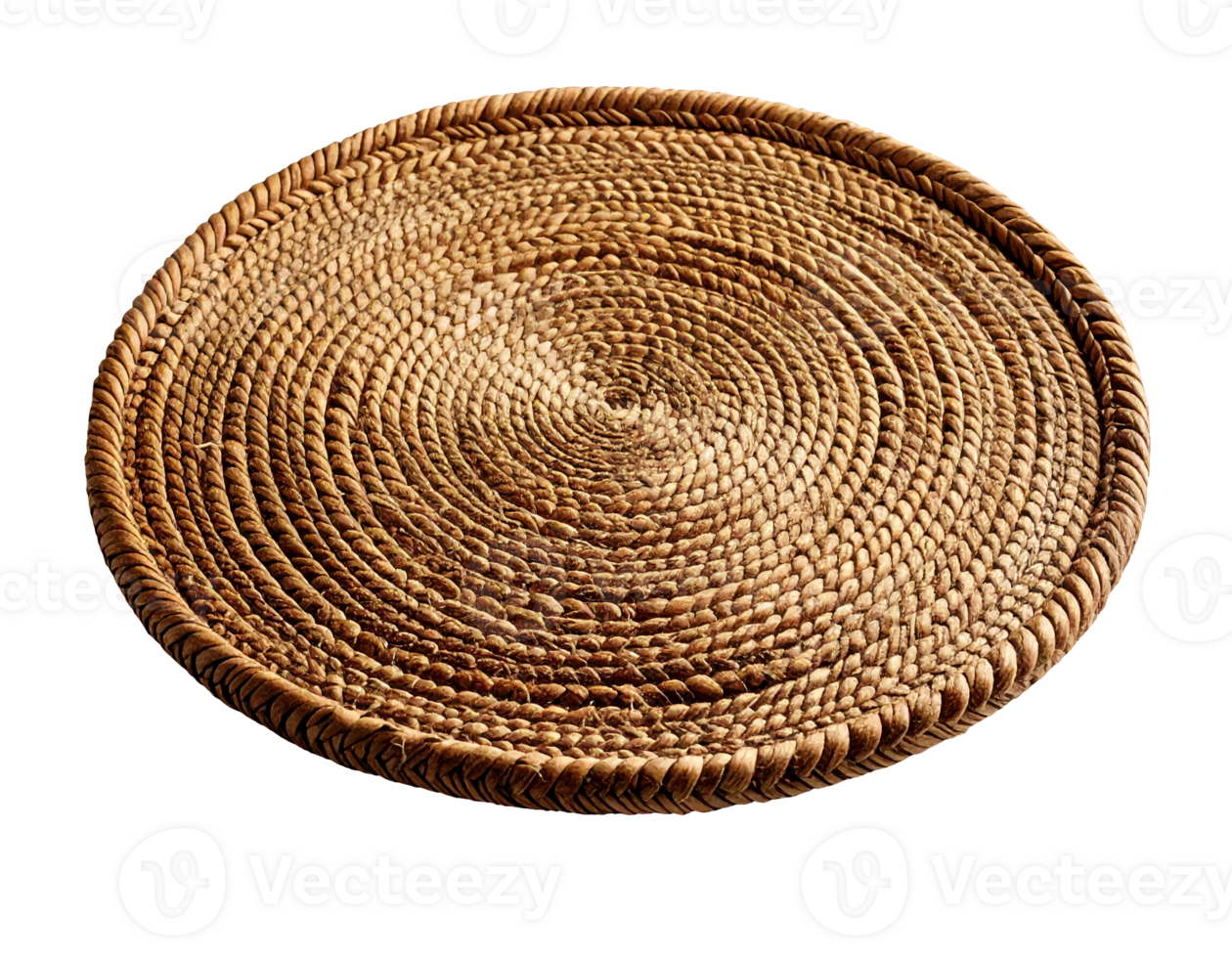 angled view of round woven rattan placemat, natural straw table mat isolated on transparent background, rustic braided placemat mockup for product display and food styling png