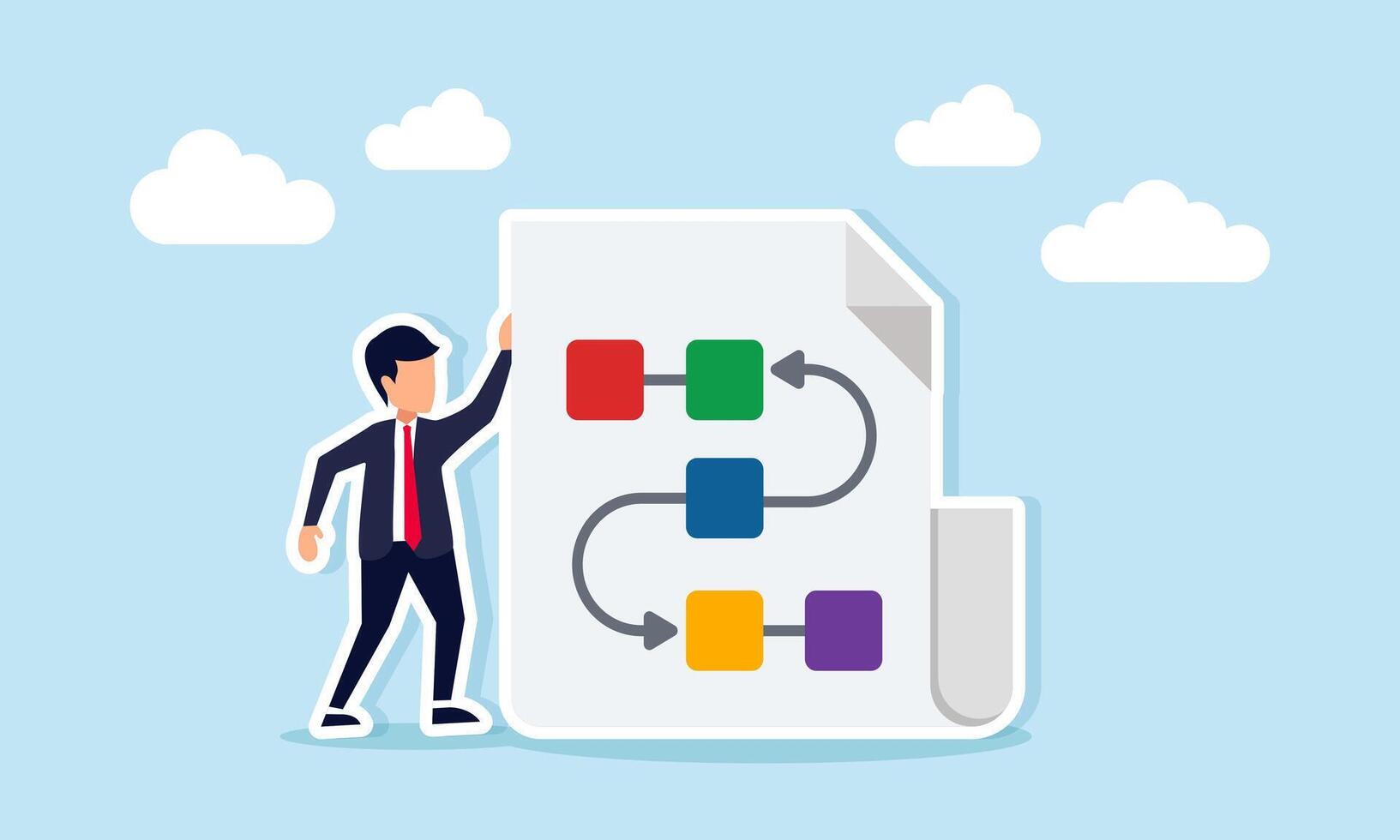 Businessman Standing Beside Document Paper Containing Flowchart Illustration of Designing and Structuring Business Project Workflow vector