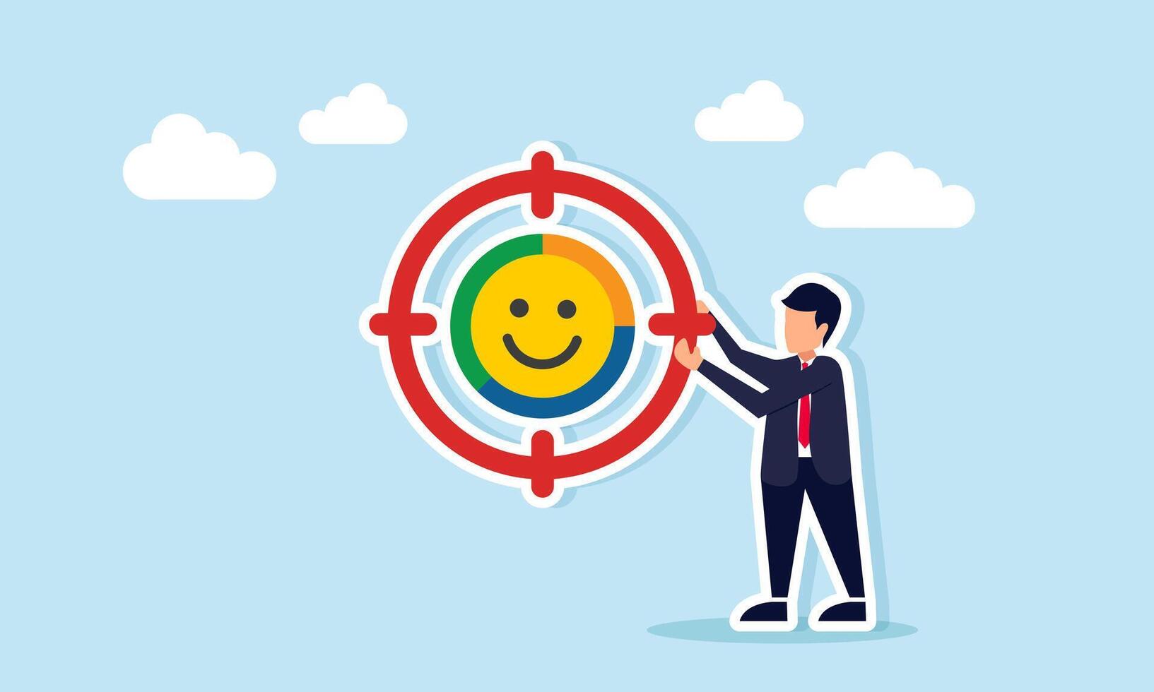 Businessman holding target icon with happy emoticon illustration of setting business market segmentation target vector