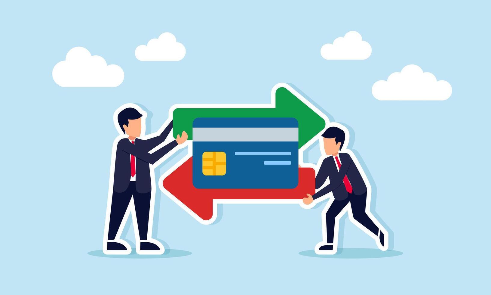 Two Businessmen Holding Opposite Arrows with Debit or Credit Card Illustration of Business Financial Inflow and Outflow vector