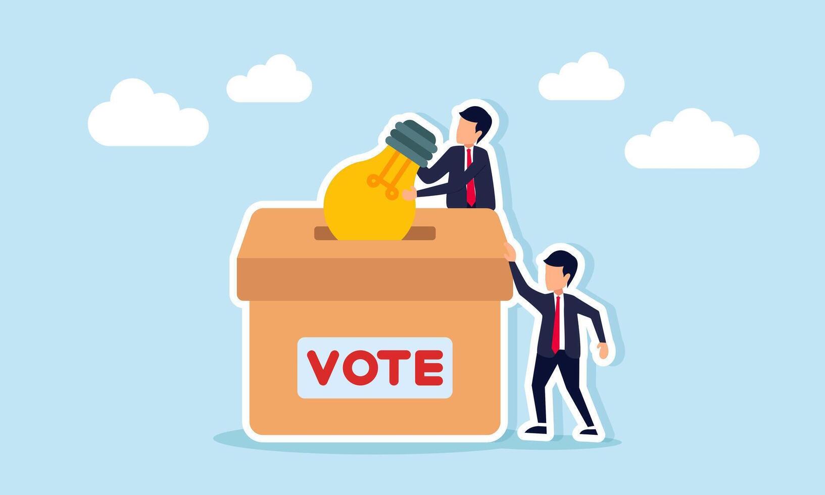 Businessman collaborating to put lamp into vote box illustration of voting to decide business idea implementation vector