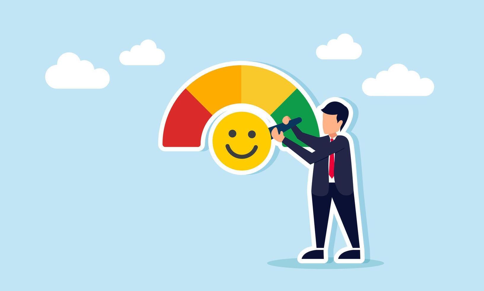 Businessman adjusting level indicator machine marked with happy emoticon illustration of market attention performance toward business product vector