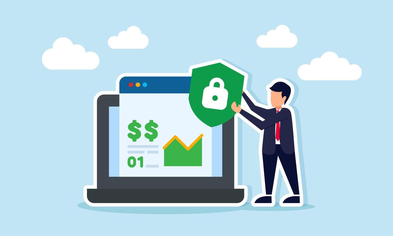 Businessman holding shield with lock symbol beside laptop displaying chart and dollar sign illustrating corporate financial data security vector
