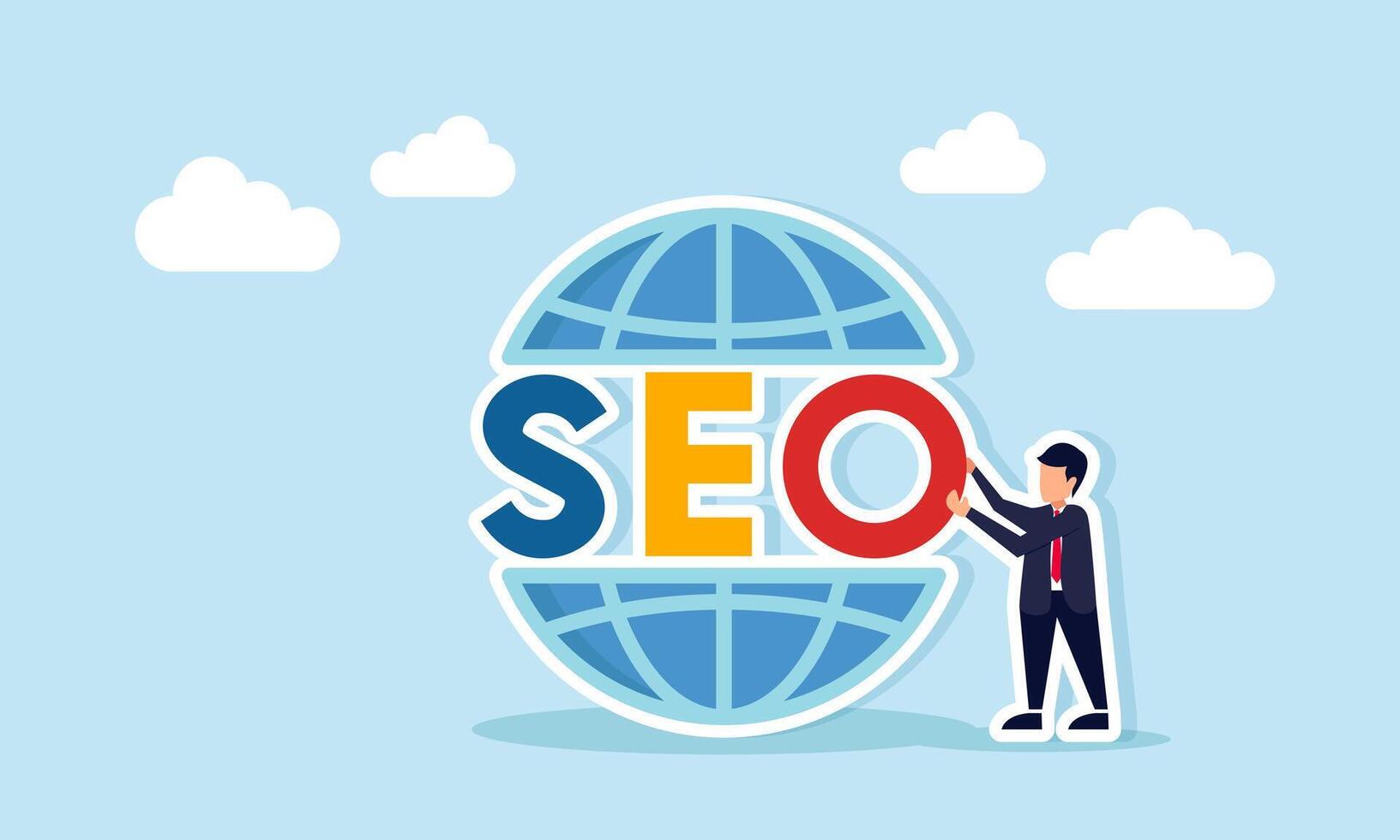 Businessman with SEO text placed on a globe illustration of the ability to use SEO for digital business search optimization vector
