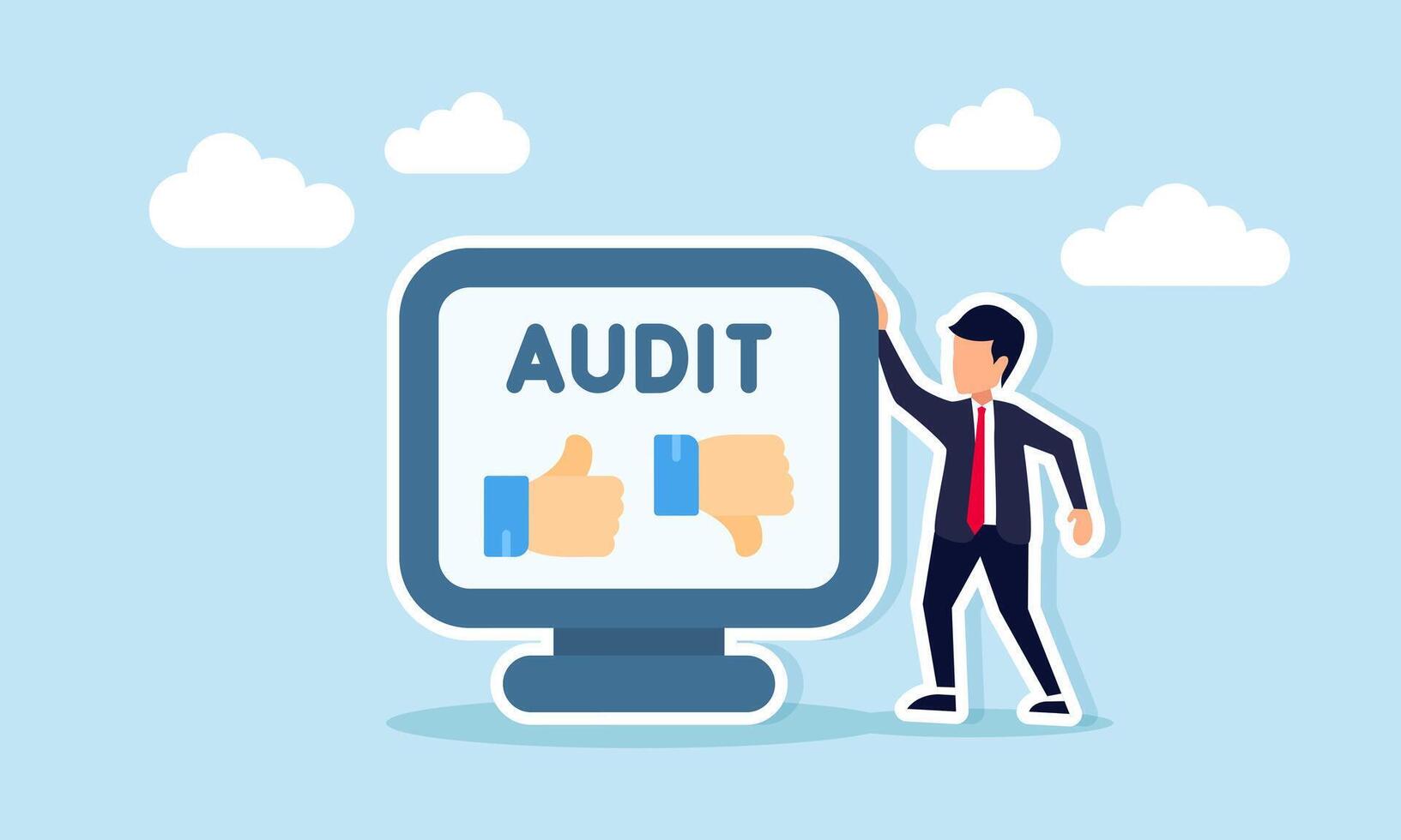 Businessman standing next to monitor displaying audit text with thumbs up and down illustrating choice to like or dislike business audit decision vector