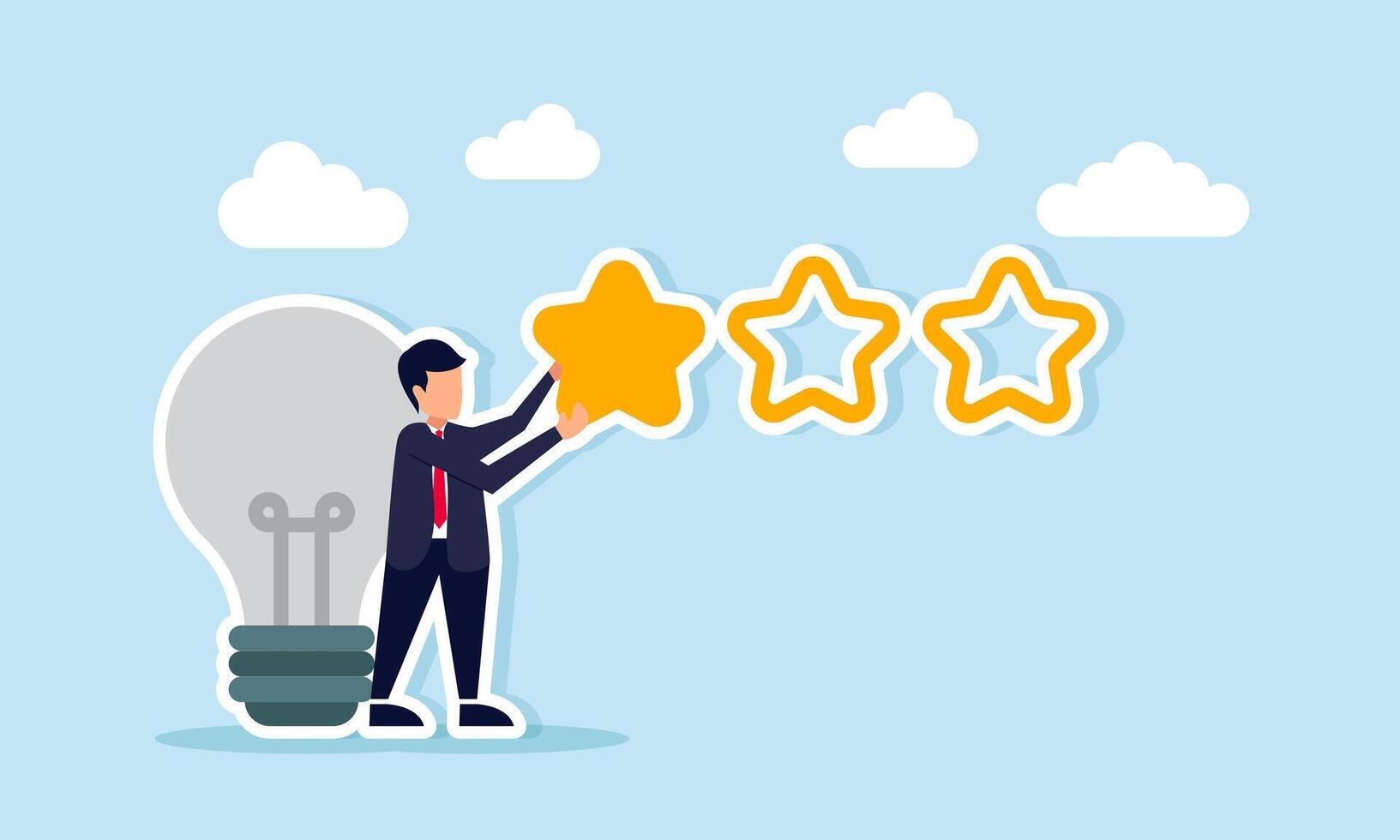 Businessman with broken or dead lamp placing one star illustration of business quality decline due to irrelevant idea implementation vector