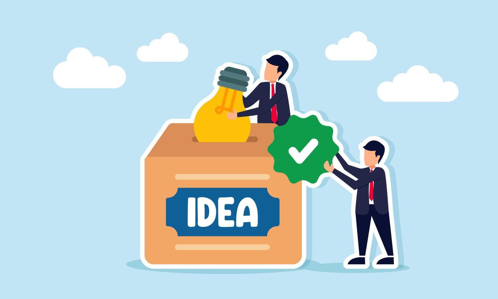 Businessman putting a lit lamp into a box labeled idea while another holds a checkmark illustration of giving the right business idea suggestion vector