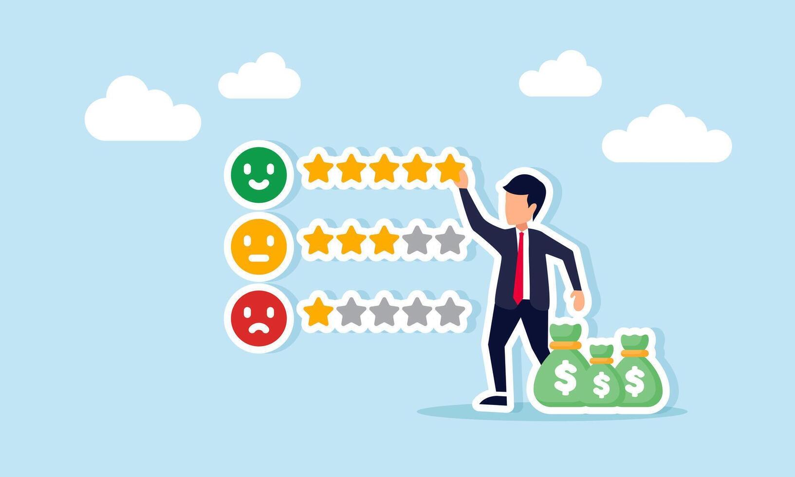 Businessman with many bags of money arranging five stars on review list illustration of good review and good profit vector