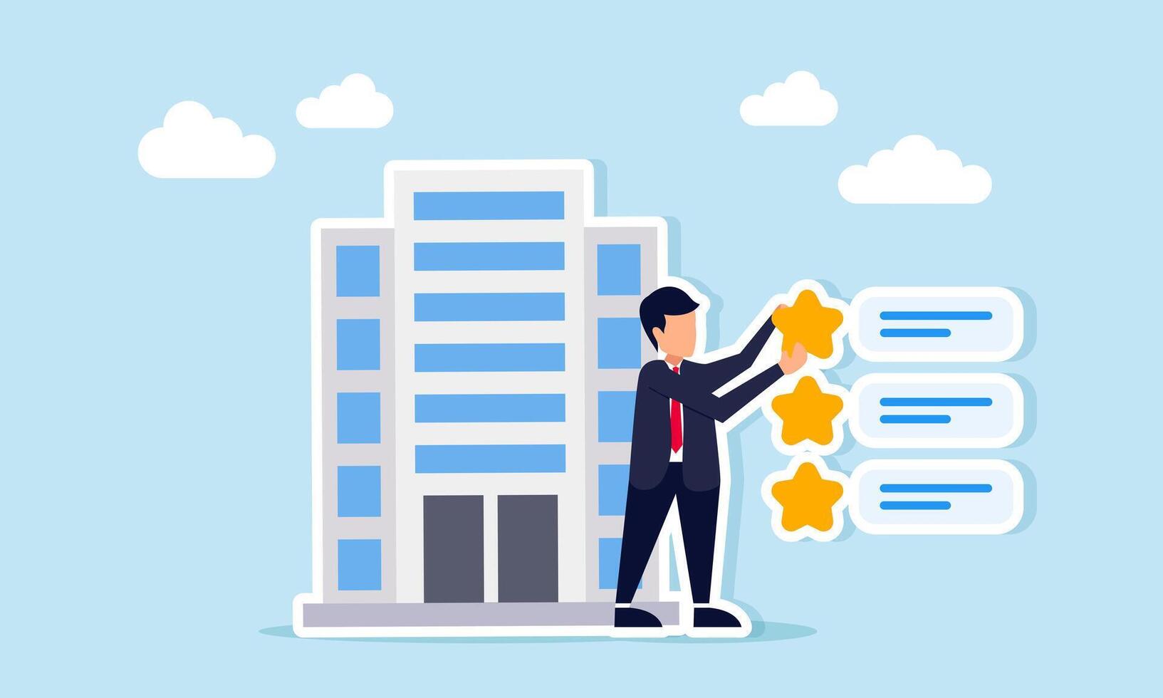 Businessman arranging star list near business company building illustration of review on business company quality standard vector