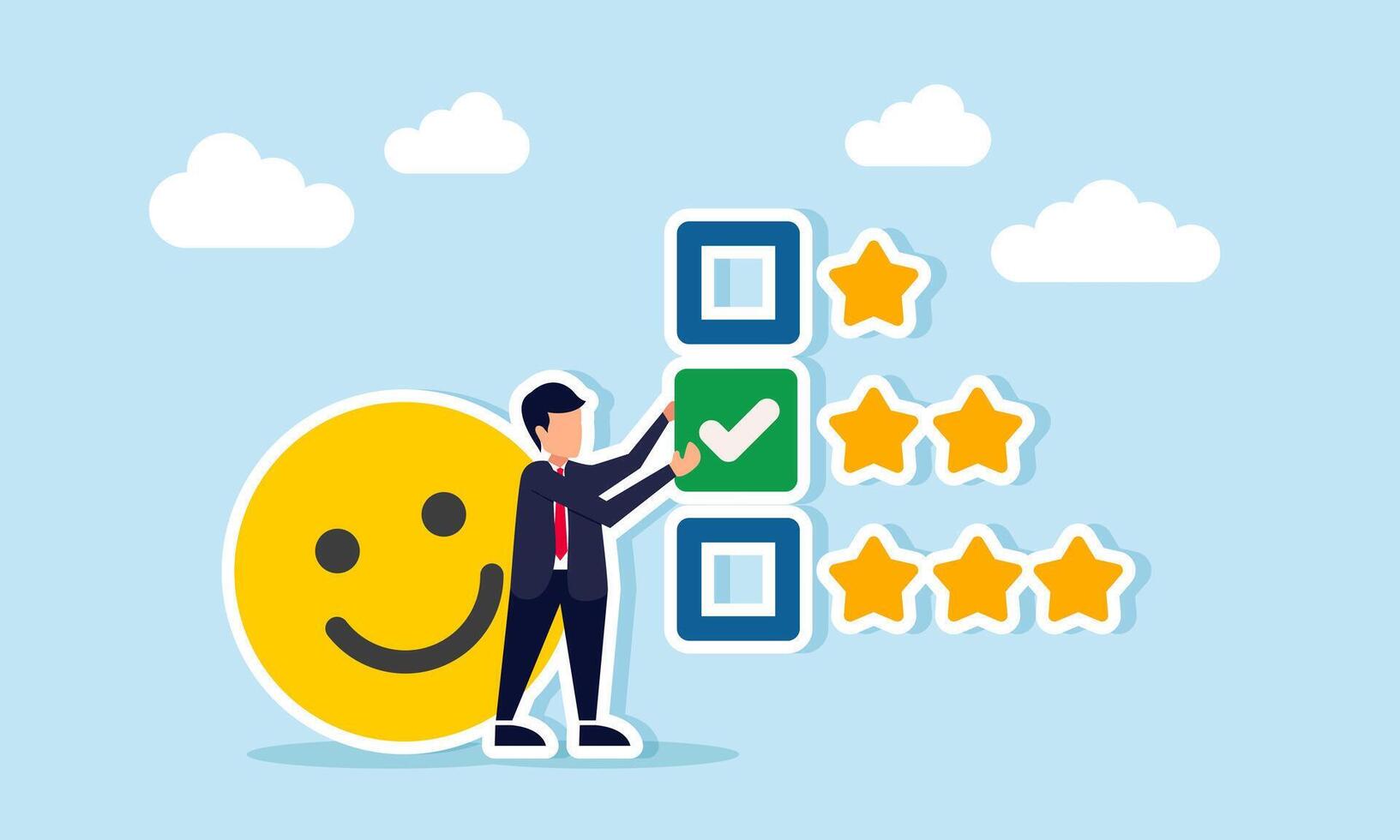 Businessman with happy emoticon placing check mark on star list illustration of progress improving business quality to gain more attention and positive response from public vector