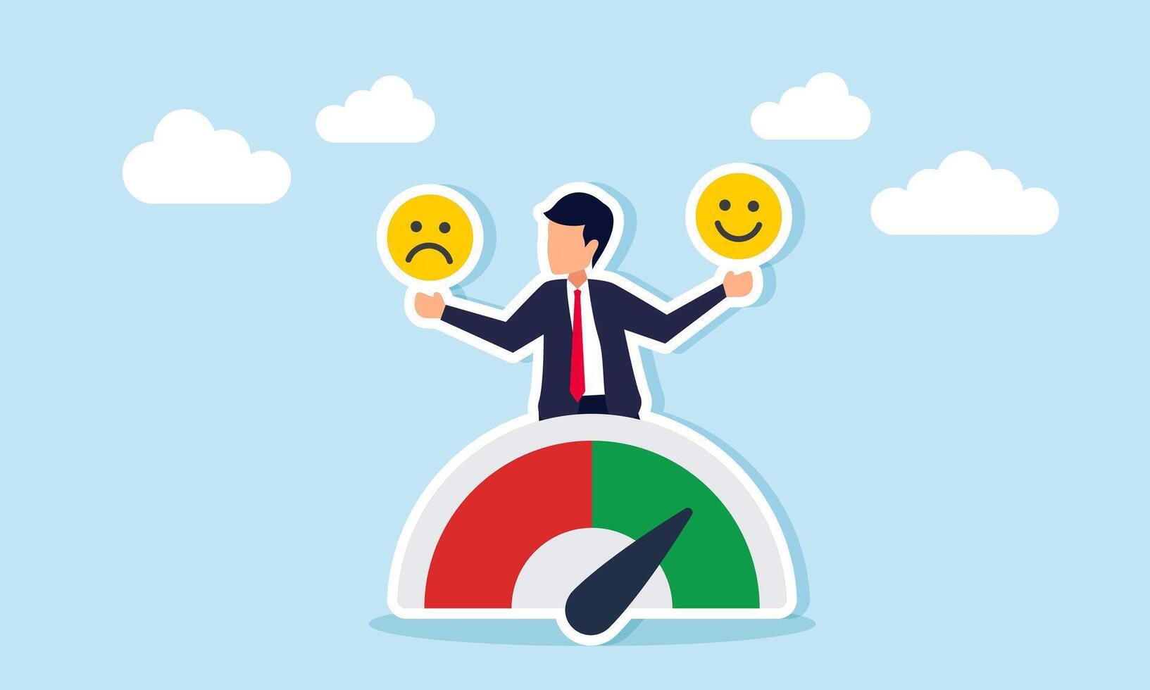 Businessman emerging from performance level indicator holding happy and sad emoticons illustrating confusion in determining business product review results vector